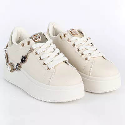 Baskets femme à semelle épaisse avec chaîne | Blanc & Beige
