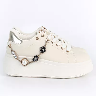 Baskets femme à semelle épaisse avec chaîne | Blanc & Beige