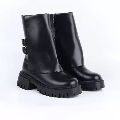 Bottines femme à semelle épaisse avec boucles | Marron & Noir